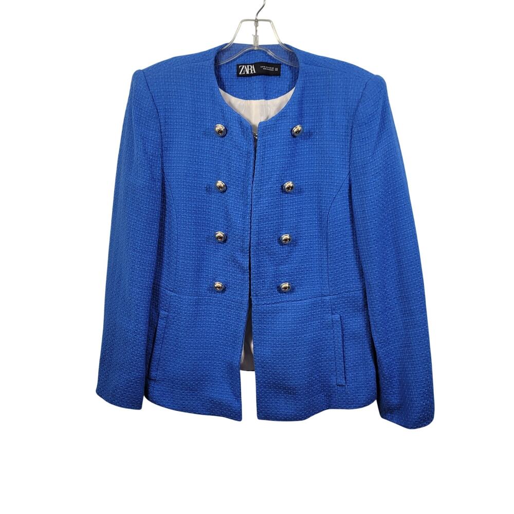 Zara Vibrant Blue Textured Blazer Accented With Matallic Ball Buttons Size M